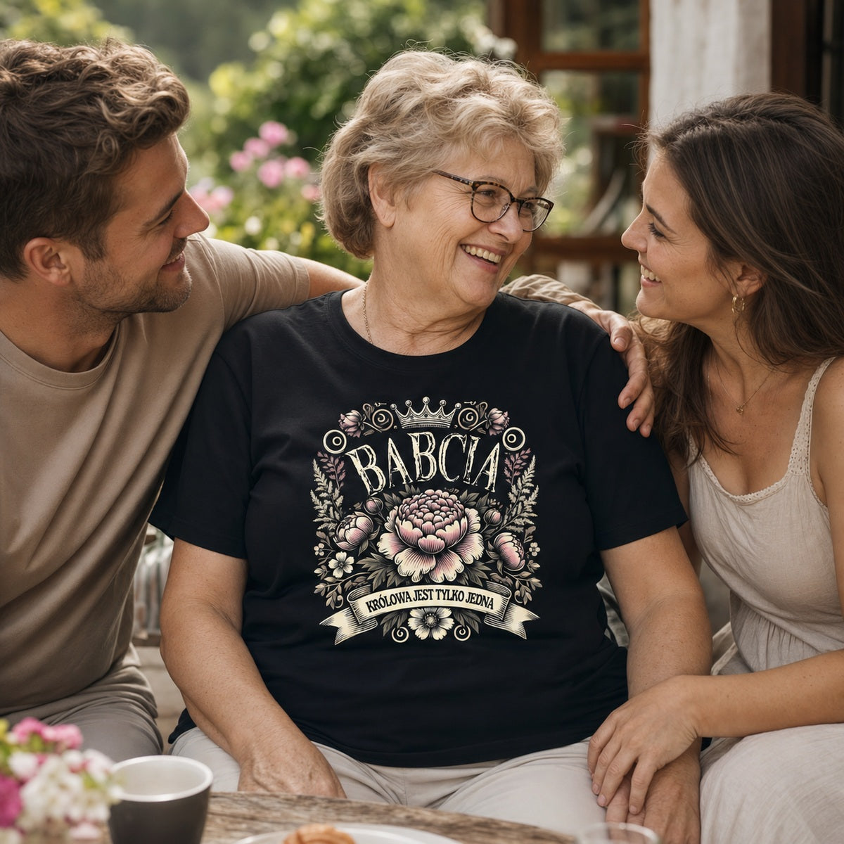 Babcia w czarnej koszulce z napisem „Babcia – Królowa jest tylko jedna